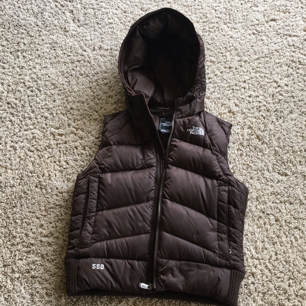 brown hooded north face vest